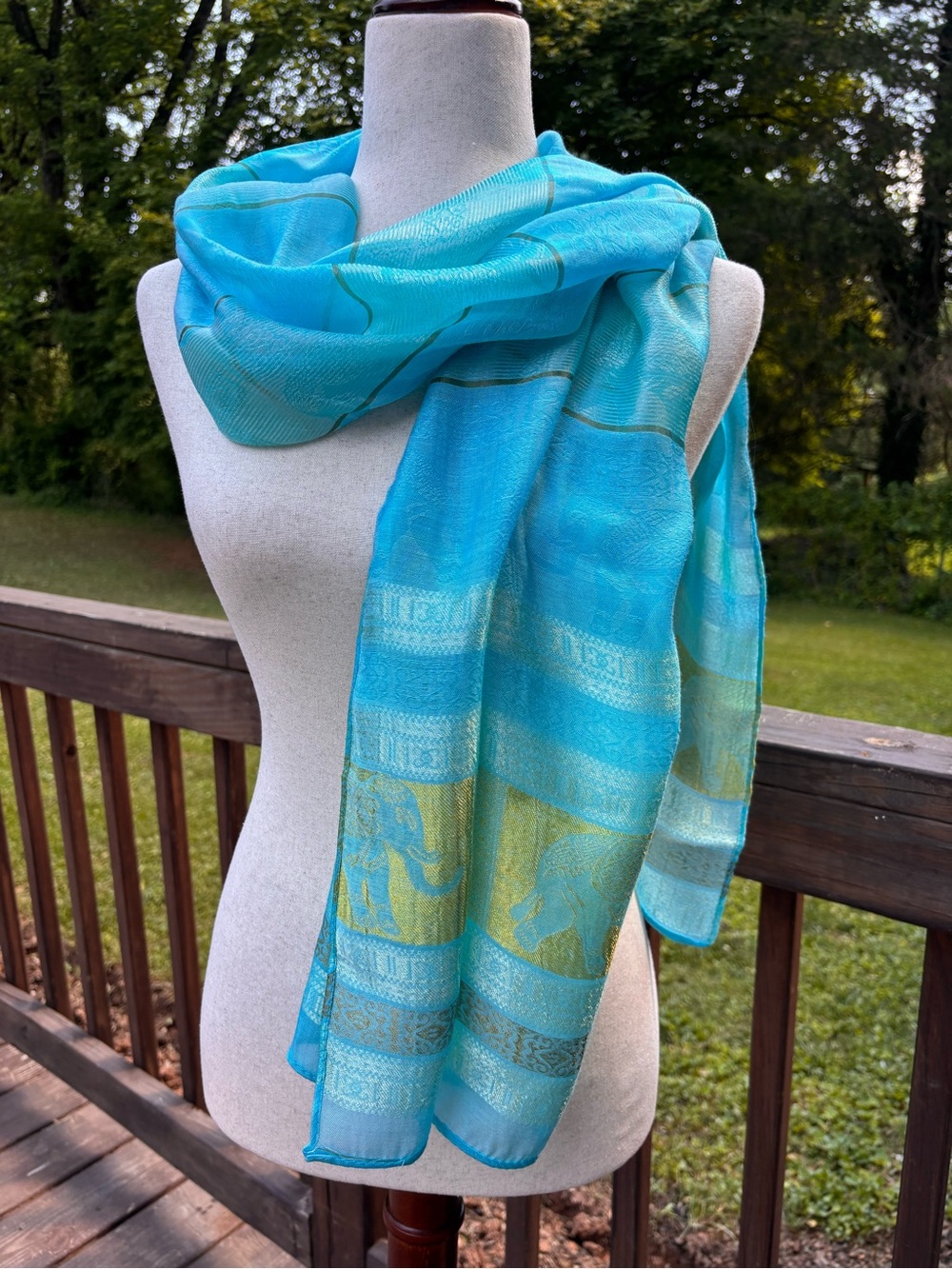 Vintage India Elephant Motif Scarf Shawl Turquoise Gold Sheer Silk Wrap